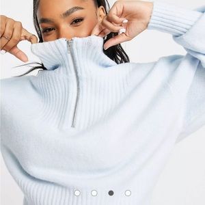 High Neck Zip Up Sweater in Pale Blue